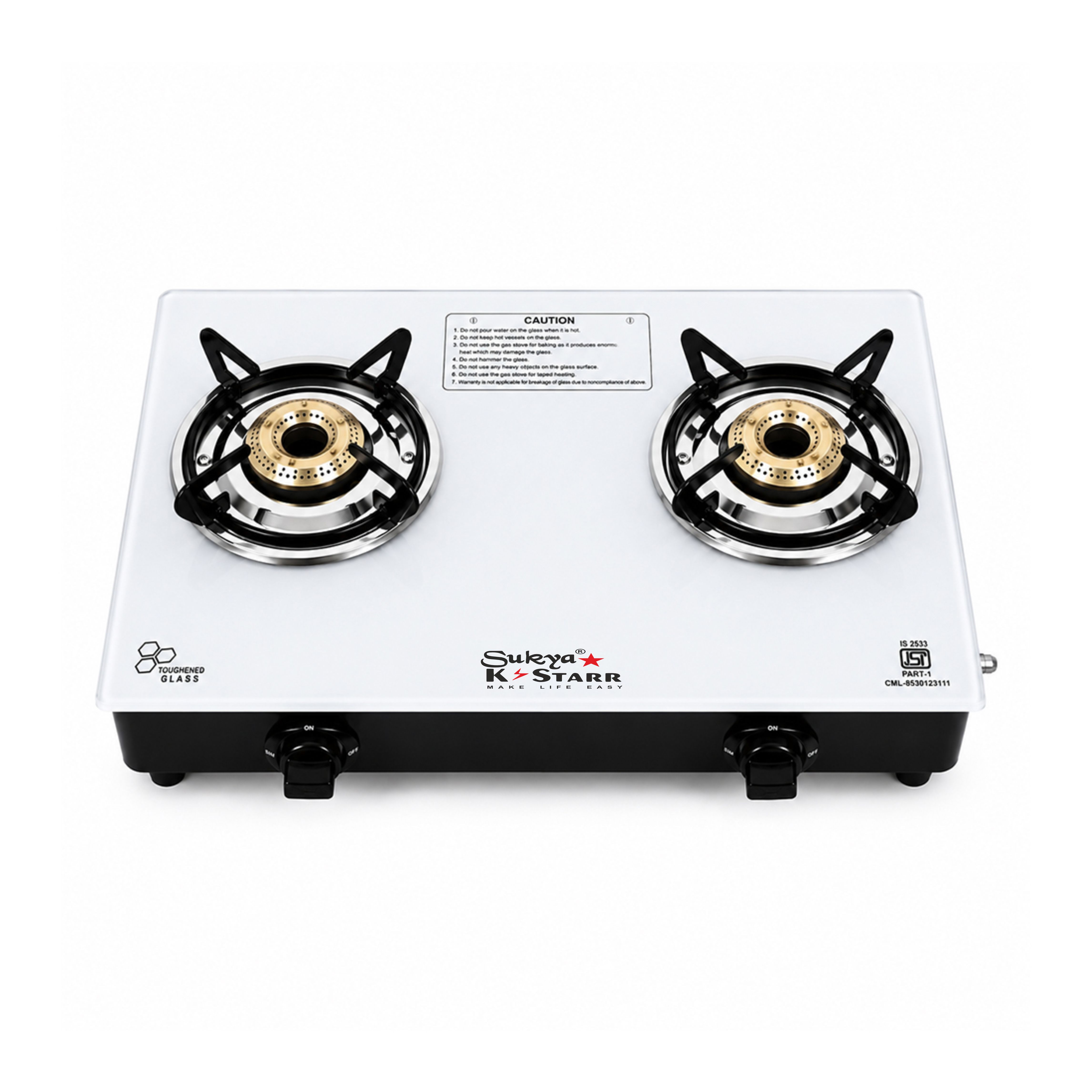 Sukya K Starr 2 Burner White Glass Gas Stove | 6 mm Toughened Glass Top | Manual Ignition | Heavy Duty Pan Supports | ISI Certified | LPG Gas Cooktop for Home Kitchen