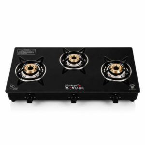 Sukya K Starr 3 Burner Black Glass Gas Stove | 6 mm Toughened Glass Top | Manual Ignition | High-Efficiency Brass Burners | Heavy Duty Pan Supports |